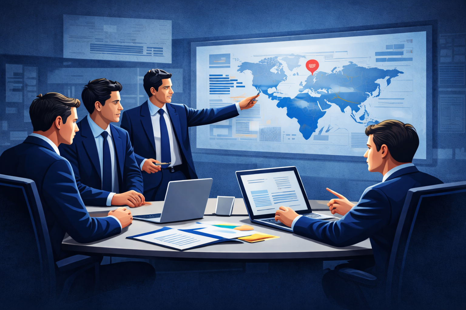 Business meeting with global strategy focus